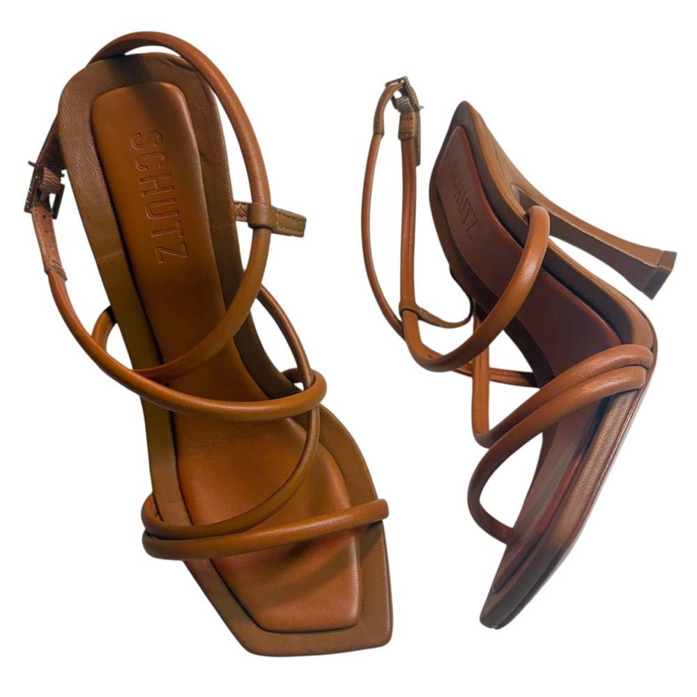 Schutz Golden Ochre / Caramel Leather Lovi Strappy Sandals Size 6 B - Picture 4 of 7